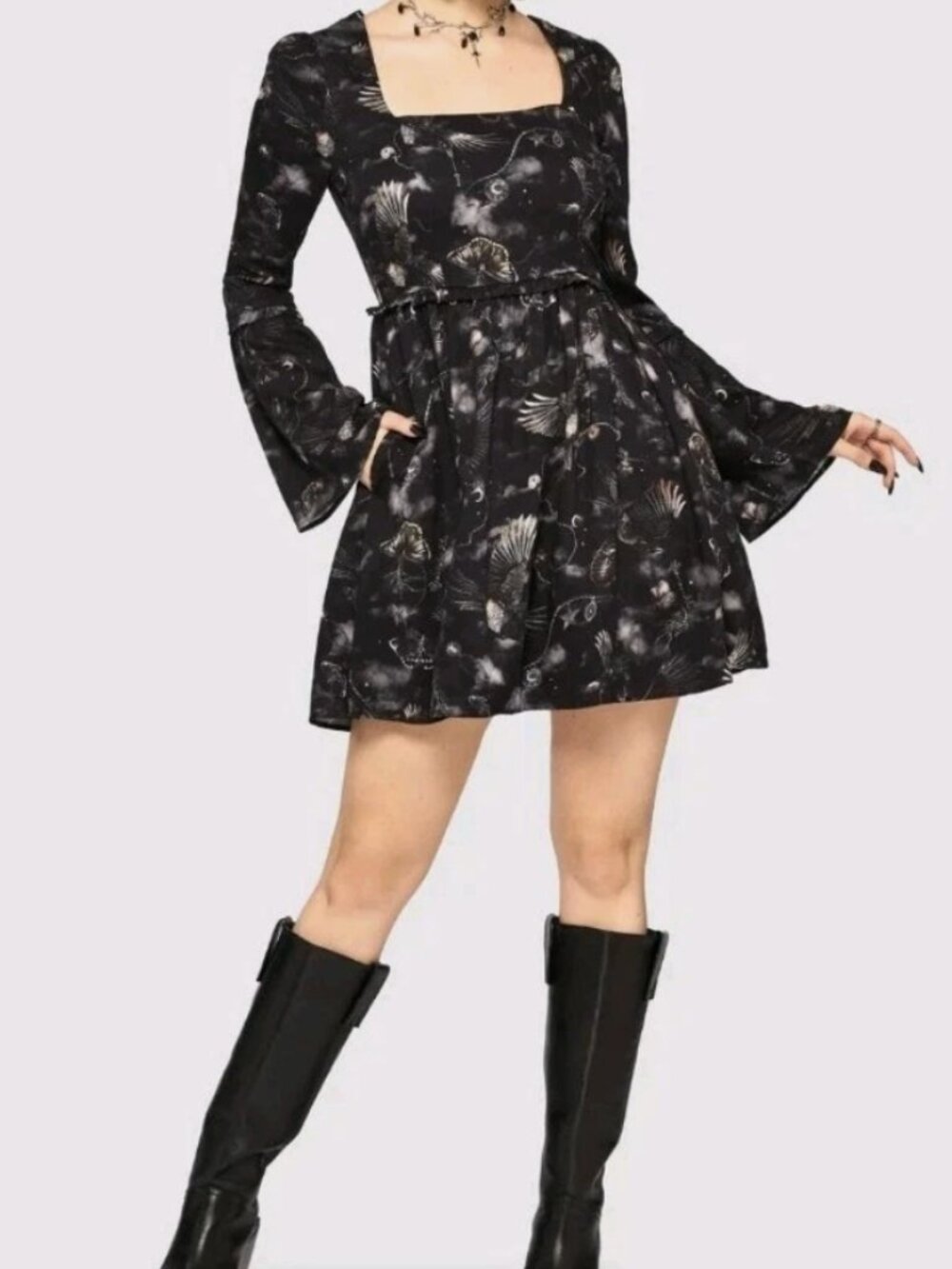 Disturbia Crimson Black Crimson Magpie and Moth Witchy Print Mini Ruffle Dress
